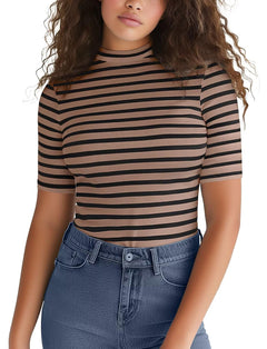 Zengjo Short Sleeve Turtleneck Women Ribbed Striped T Shirt(Camel Black StripedL)