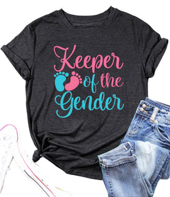 Keeper of The Gender Shirt Women Pregnancy Announcement T Shirt Gender Short Sleeve Tee Tops(GreyXX-Large)