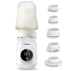 Bubblbay Portable Bottle Warmer 4 Min Fast Heating 104° Digital Thermostat Travel Bottle Warmer with 5 Adapters Leak-Proof DesignWireless LED Display Bottle Warmer for Breastmilk or Formula