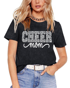 Mama Shirt Cheer Mom Shirt Graphic Tees for Women Acid Wash T-Shirt Vintage Letter Printed Tee Short Sleeve Casual Tops