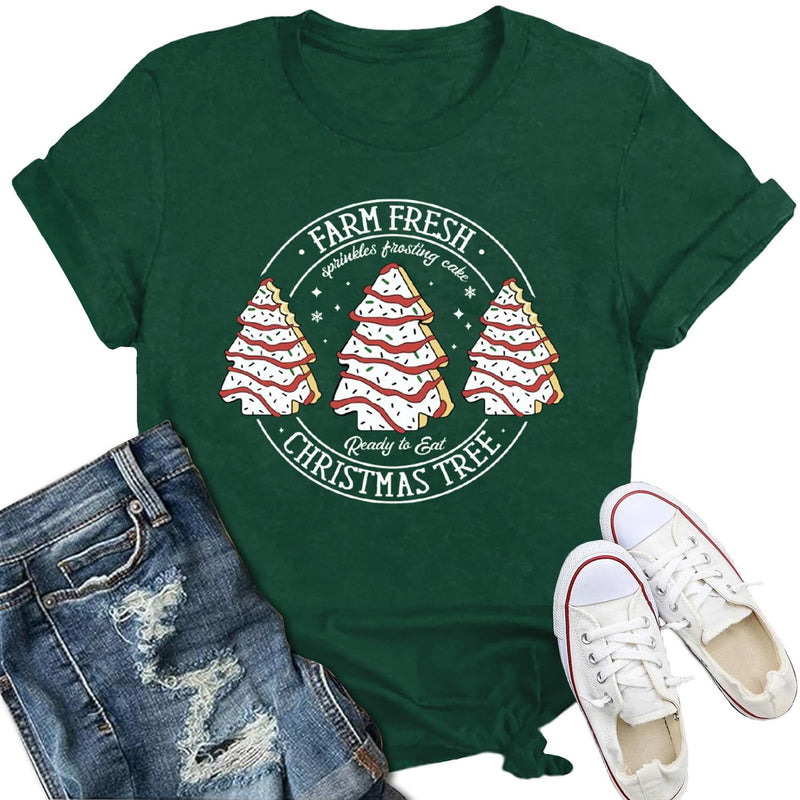 IFQ Women Merry Christmas Shirt Xmas Holiday T-Shirt Christmas Tree Cake Shirt