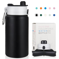 PLTCAT Collapsible Water Bottle 19oz Foldable Water Bottle BPA Free Reusable Lightweight Leak-Proof Travel Silicone Water Bottle for Travel Gym Hiking Office Camping（Black）