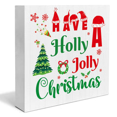 Indoor Christmas Decorations Have a Holly Jolly Christmas Wooden Sign Decor Farmhouse Christmas Wooden Block Sign Christmas Home Decor for Table Shelf 5 x 5 Inch