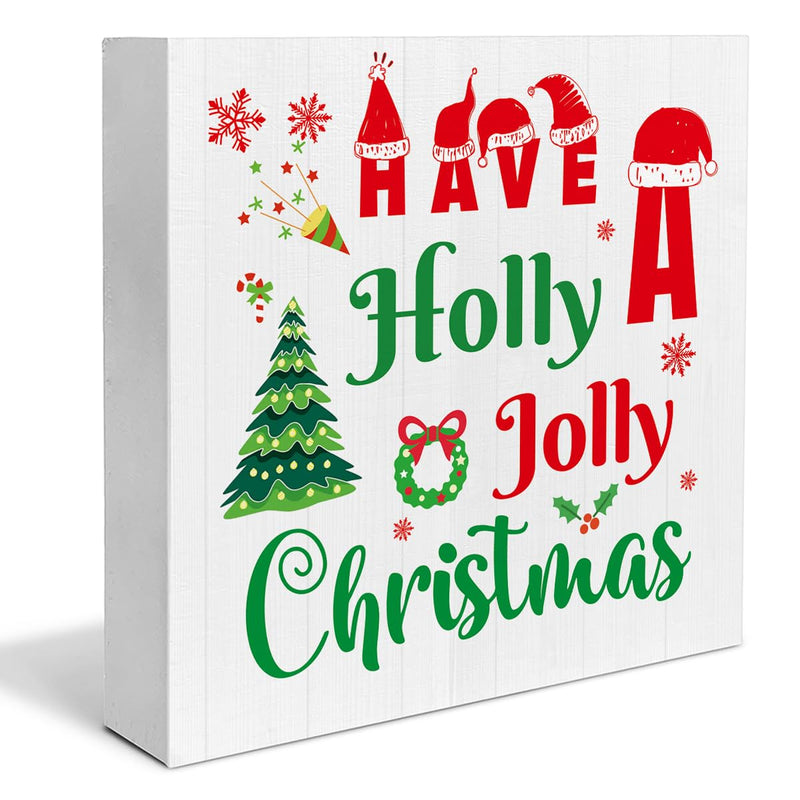 Indoor Christmas Decorations Have a Holly Jolly Christmas Wooden Sign Decor Farmhouse Christmas Wooden Block Sign Christmas Home Decor for Table Shelf 5 x 5 Inch