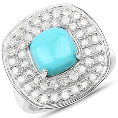 2.80 Carat Genuine Turquoise and White Diamond .925 Sterling Silver Ring